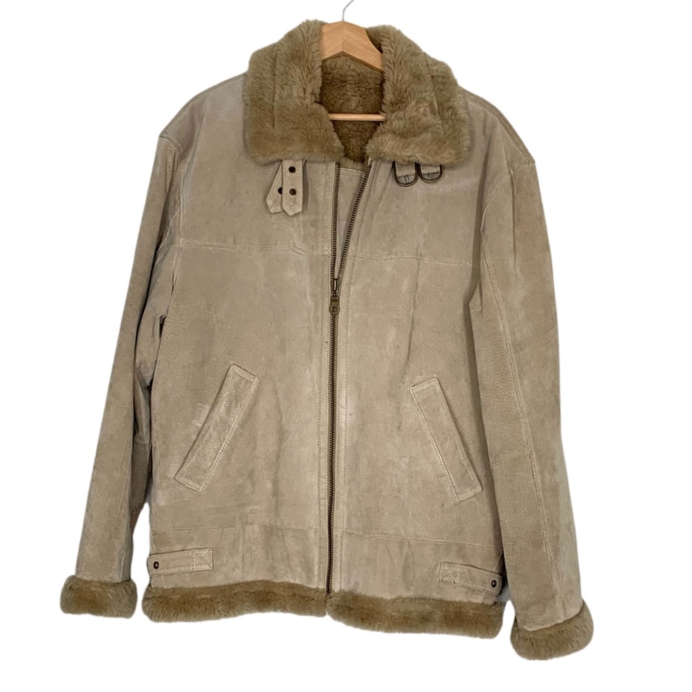 Canda Tan Suede B-3 Aviator Jacket Shearling Lining Size Large